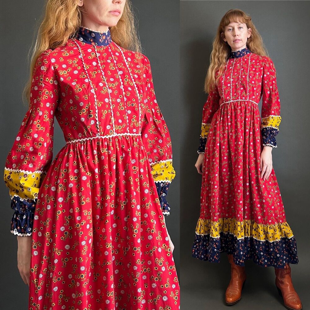 Vintage 1960s Calico Folk Prairie Dress, Cottagecore Boho Juliet Sleeve Maxi, XS